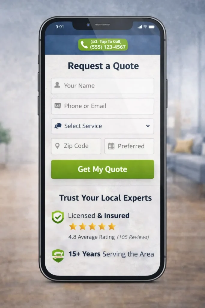 Mobile cleaning service website mockup with a quote form, click-to-call button, service selector, and trust section for local cleaning leads