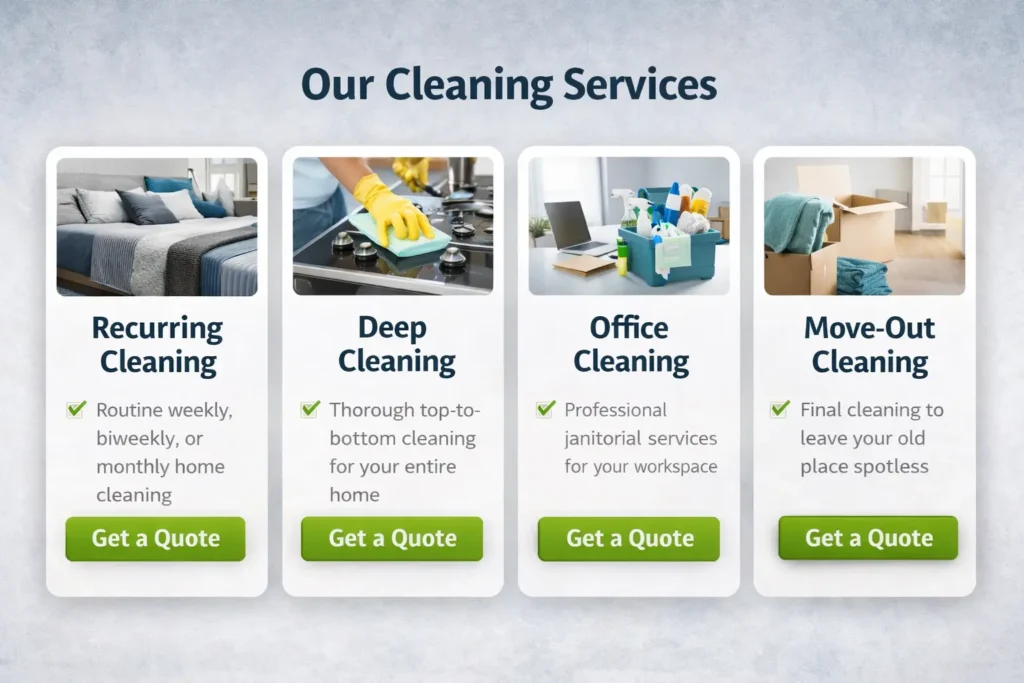 Cleaning service website section mockup showing service cards for recurring cleaning, deep cleaning, office cleaning, and move-out cleaning