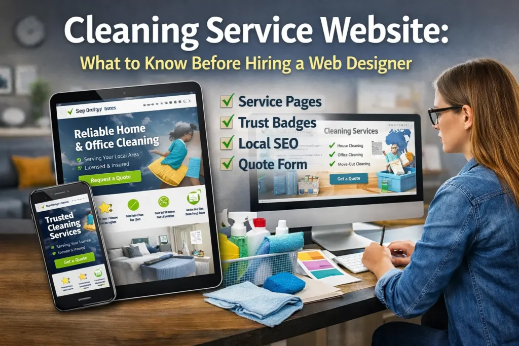 Cleaning service website design shown on desktop, tablet, and mobile devices with a web designer reviewing the layout