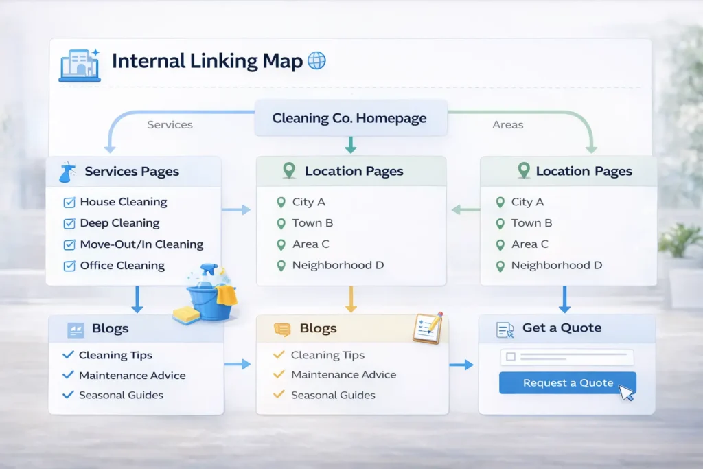 Internal linking map for a cleaning website showing homepage links to service pages location pages blogs and quote page