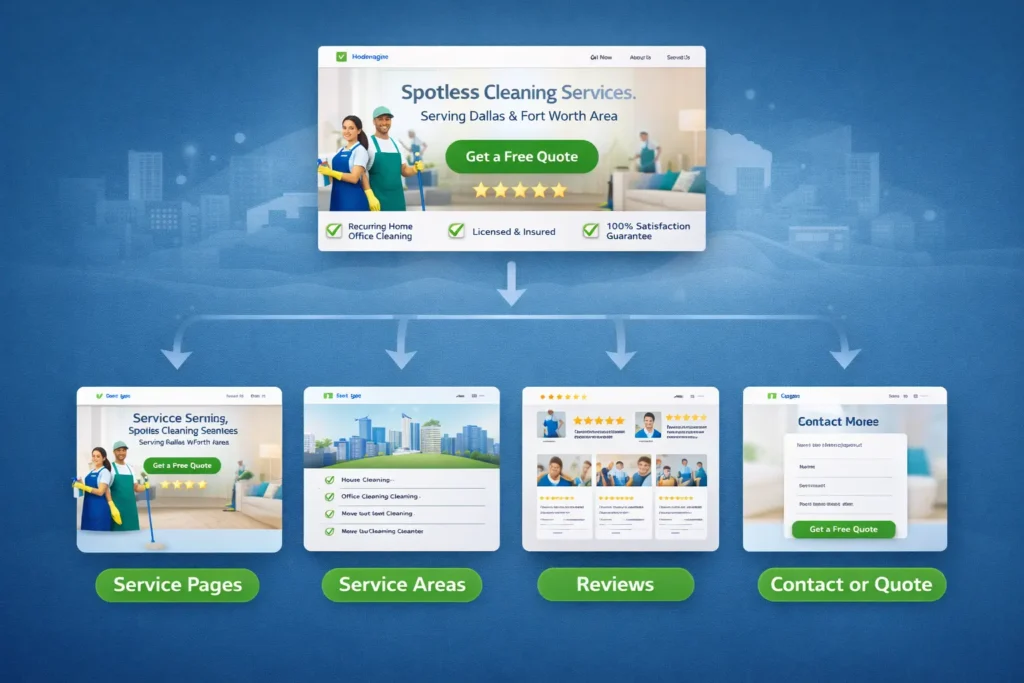 Section graphic showing ideal page structure for a cleaning website with homepage, service pages, service areas, reviews, and contact page