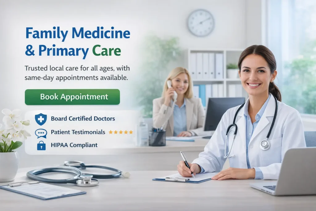 Clinic website that builds trust homepage hero image with a smiling doctor, receptionist, and calm welcoming clinic environment