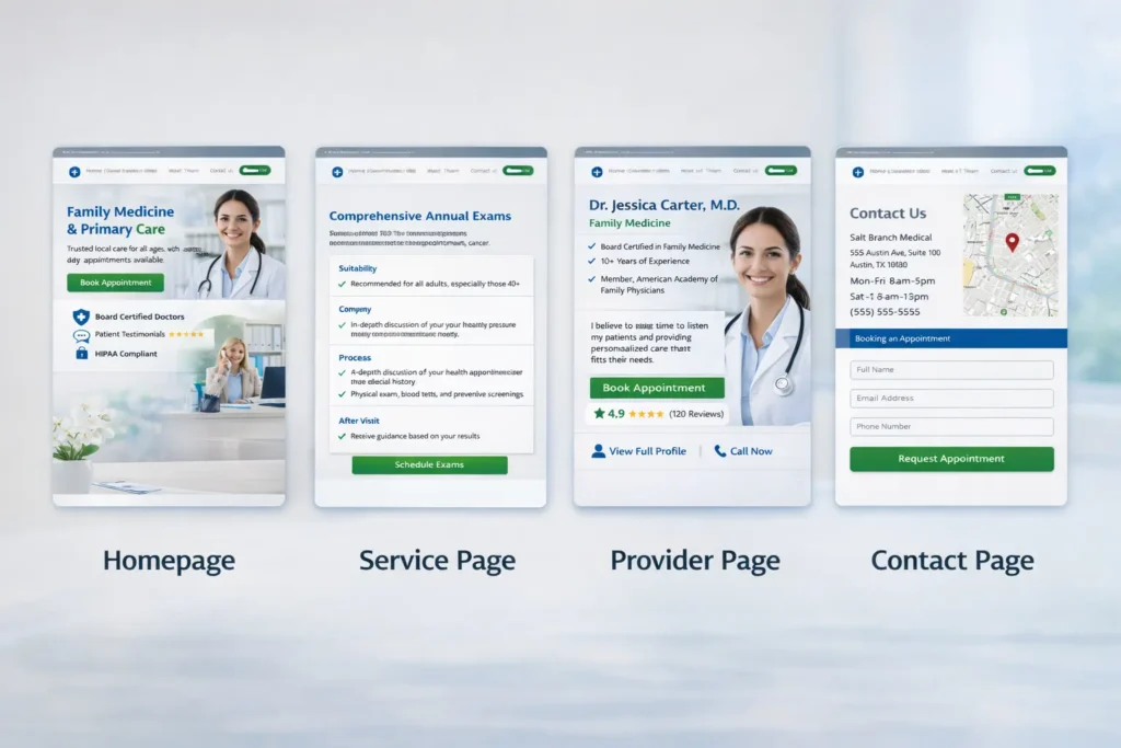 Comparison graphic for a clinic website that builds trust showing homepage, service page, provider page, and contact page structure