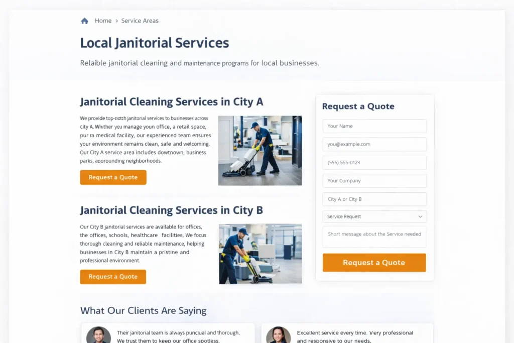 Commercial cleaning local service area page with city-based headings, testimonial strip, and embedded quote form for janitorial services