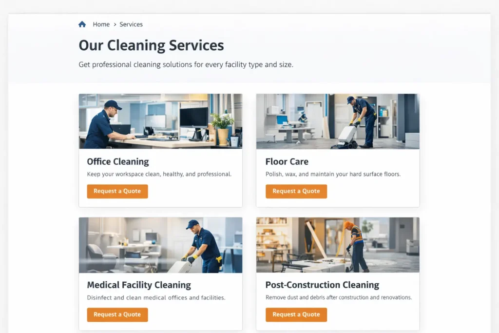 Commercial cleaning service page wireframe with office cleaning, floor care, medical facility cleaning, and post-construction cleaning cards