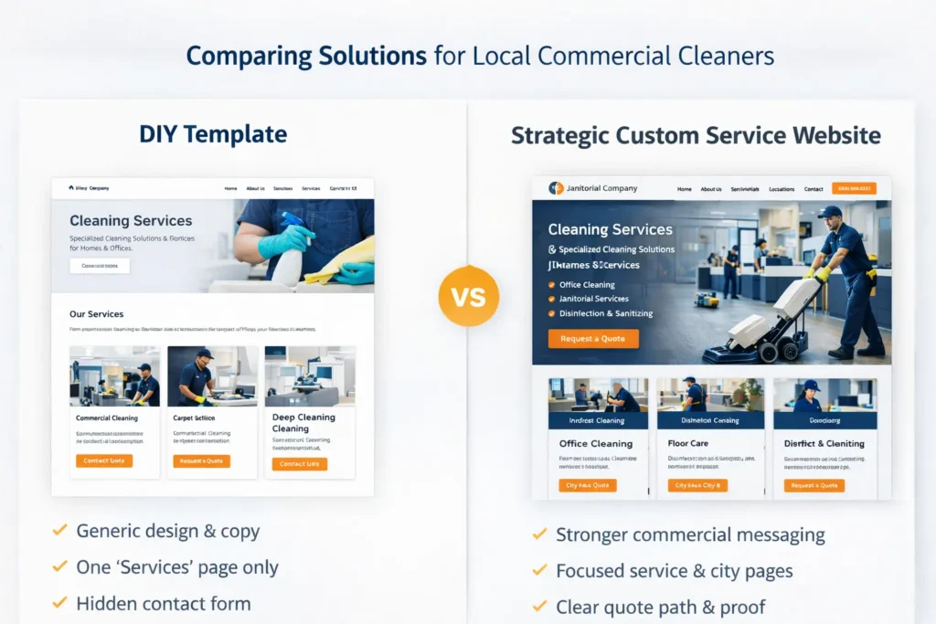 Comparison graphic of DIY template vs strategic custom commercial cleaning website for local janitorial and office cleaning businesses