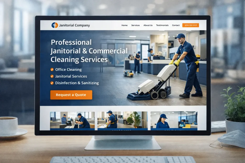 Commercial cleaning website hero section mockup with modern janitorial company homepage and clear Request a Quote button