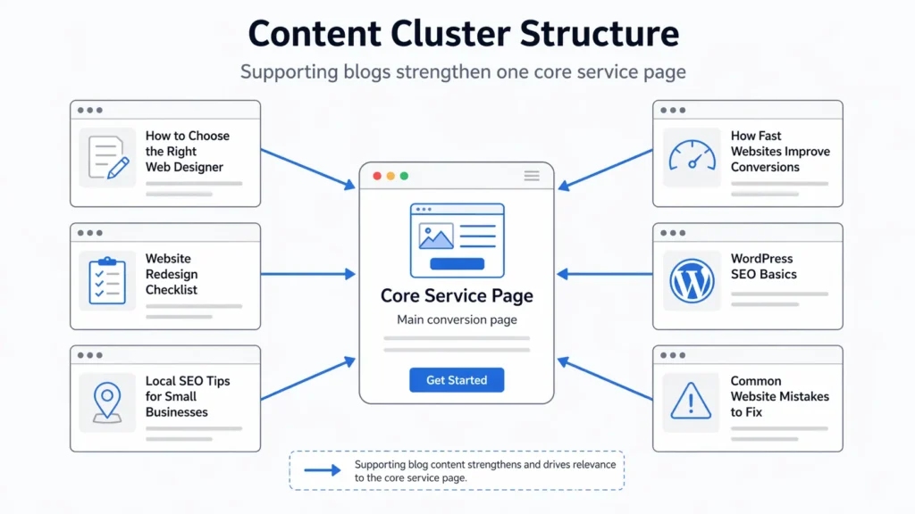 Content cluster diagram showing one service page in the center with supporting blog posts branching around it