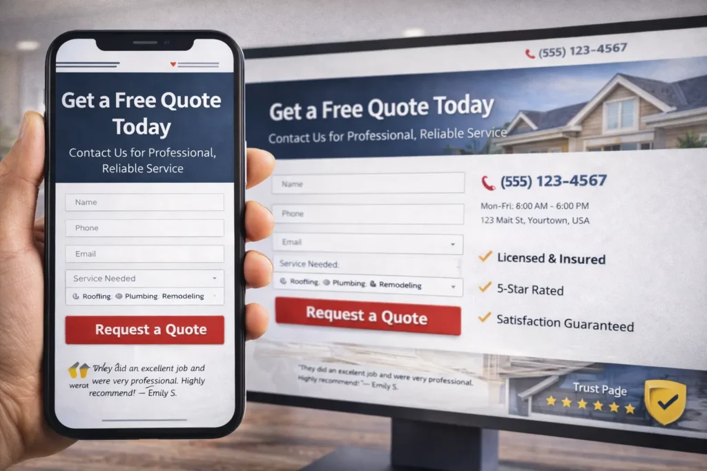 Contractor website design contact page with quote form, testimonial, trust badges, and clean mobile-friendly layout shown on phone and desktop