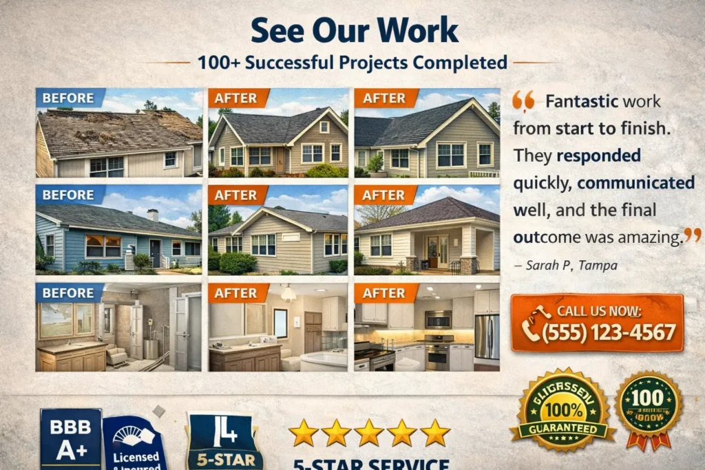 Contractor lead website before-and-after project gallery with trust badges, customer testimonial, and call-to-action designed to generate more contractor leads.