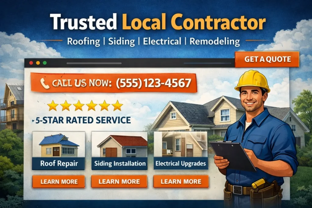 Contractor lead website hero section mockup with a strong contractor headline, phone CTA, 5-star review stars, and service cards designed to generate more contractor leads.