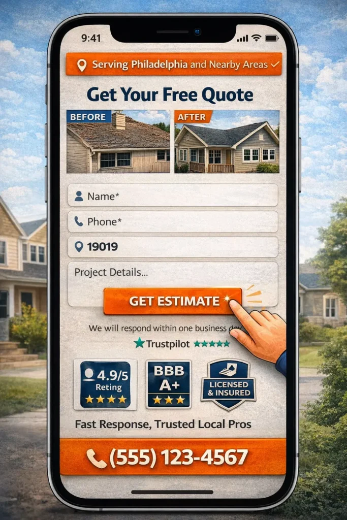 Contractor lead website mobile screen with a sticky call button, short quote form, and service area confirmation to increase contractor leads from mobile visitors.