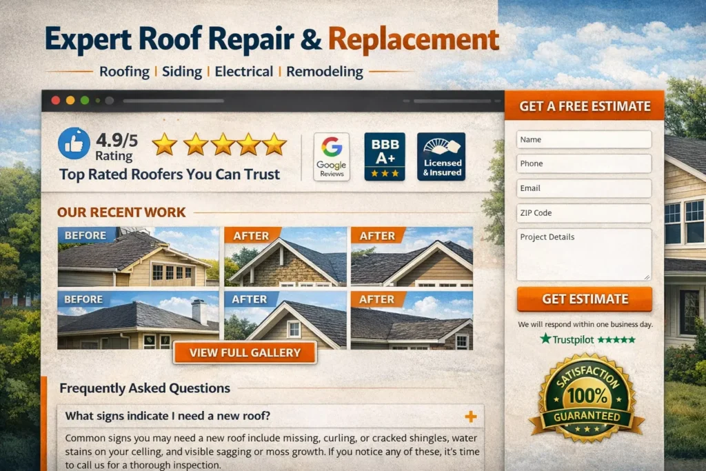 Contractor lead website service page layout with a strong headline, customer review block, trust badges, project gallery, FAQ section, and estimate form designed to convert contractor leads.