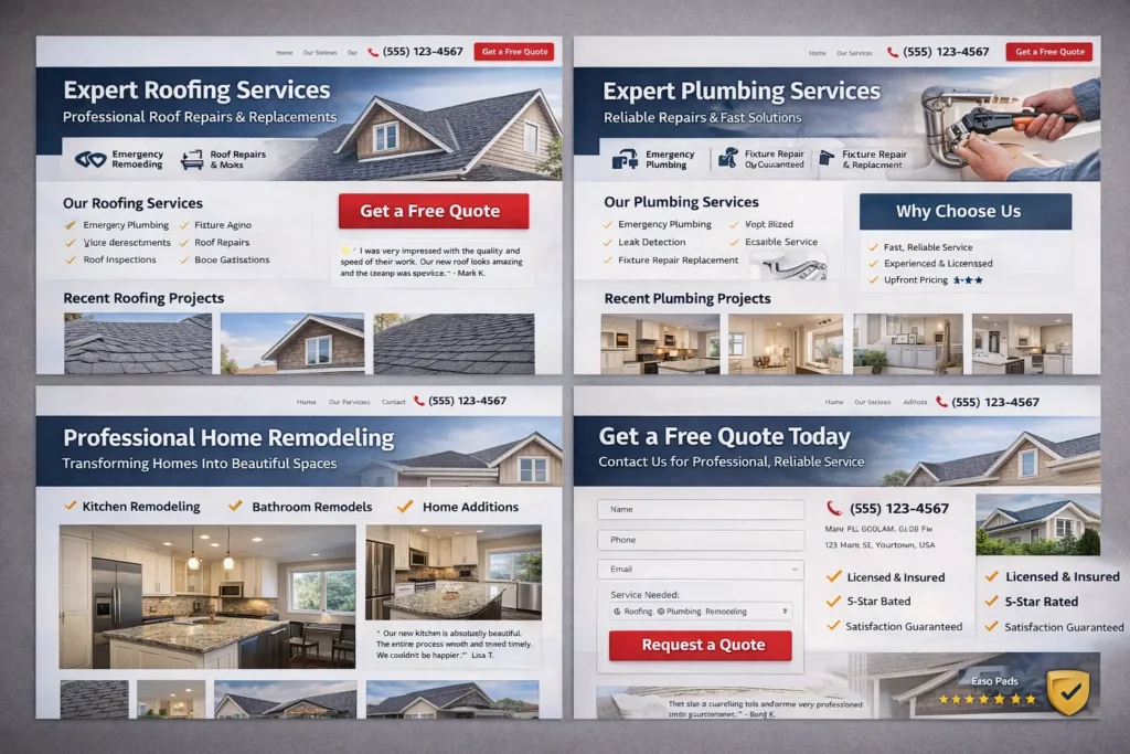 Example layout of contractor service pages for roofing, plumbing, remodeling, and contact page flow with quote request sections and trust signal