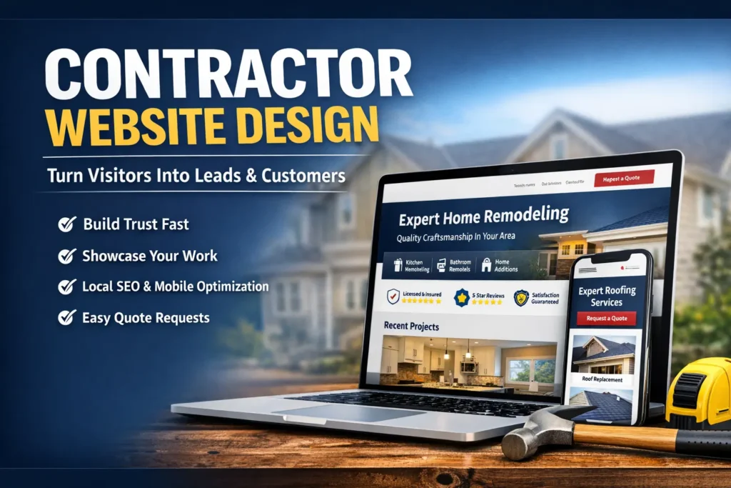 Contractor website design featured image showing a laptop and phone mockup for a home services website with lead generation elements