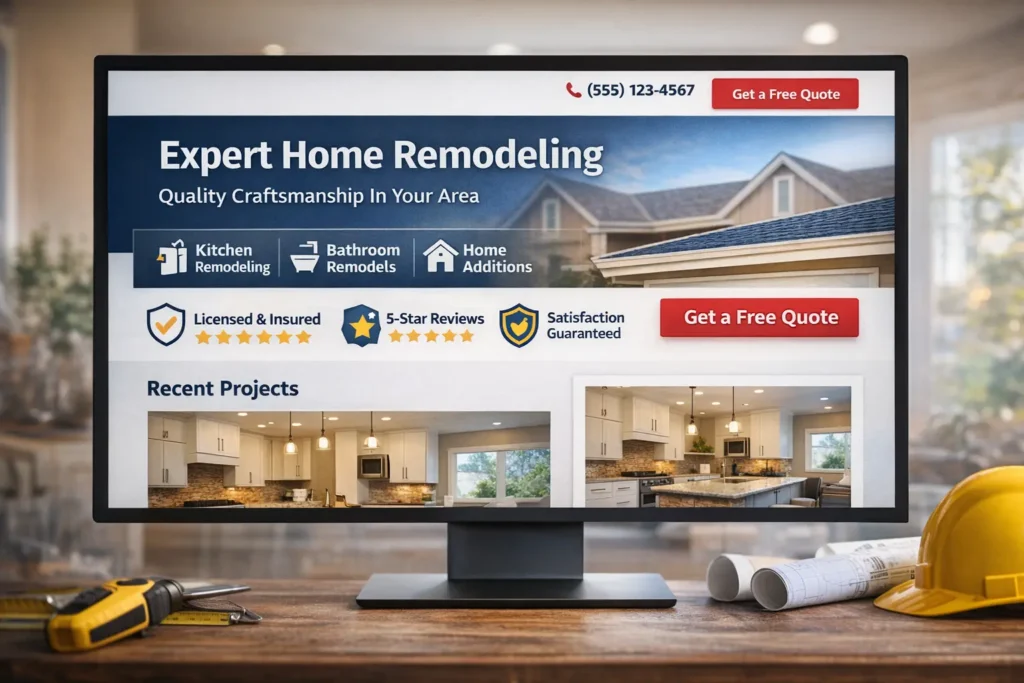 Contractor website design hero section mockup showing headline, trust badges, service areas, and a bold quote request button for a home services website