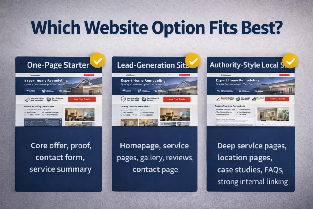 Comparison graphic showing one-page starter site, lead-generation site, and authority-style local site options for contractor website design