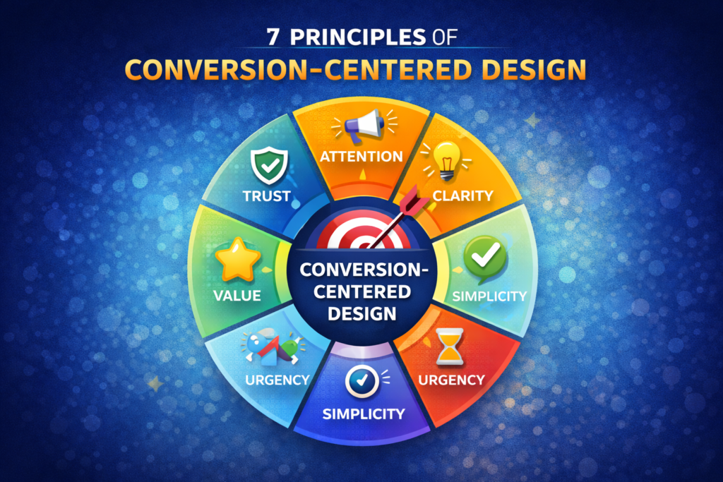 Conversion focused website diagram showing the 7 principles of conversion centered design including attention, clarity, simplicity, urgency, value, and trust