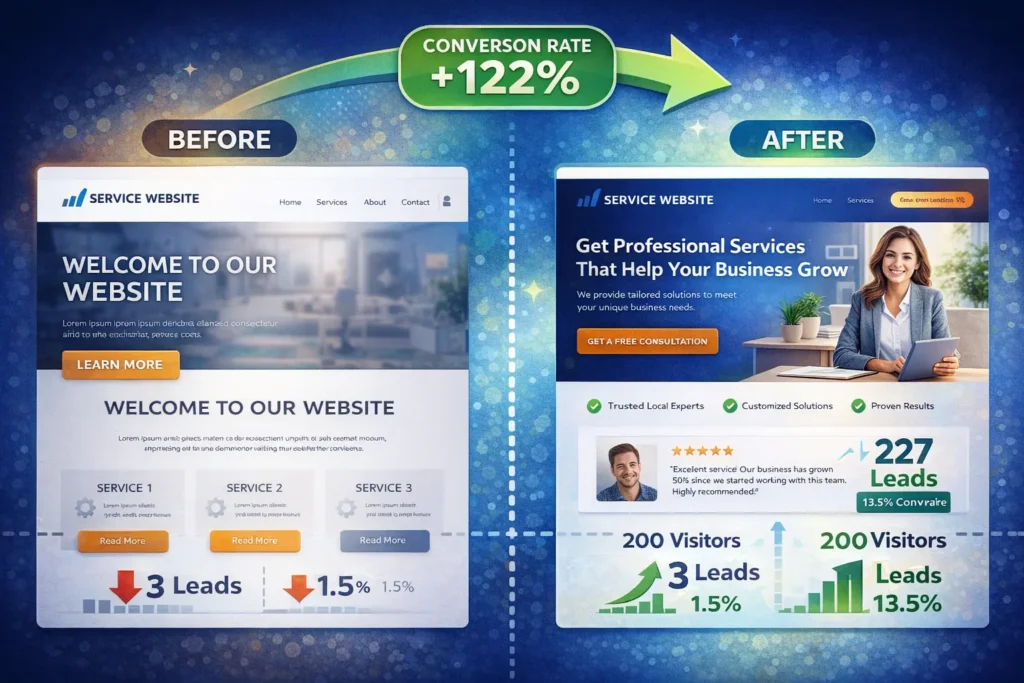 Conversion focused website before and after example showing improved design, clear CTA, trust signals, and higher conversion rates with increased leads