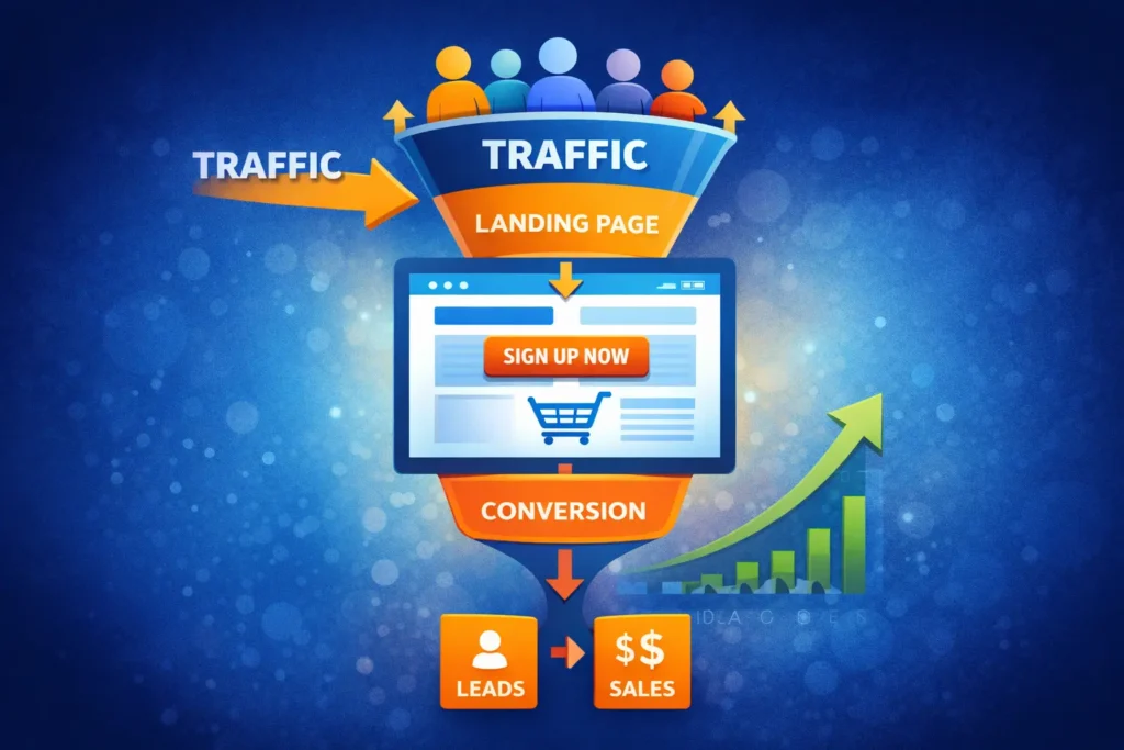 Conversion focused website funnel diagram showing traffic flowing into landing page and turning into leads and sales conversions