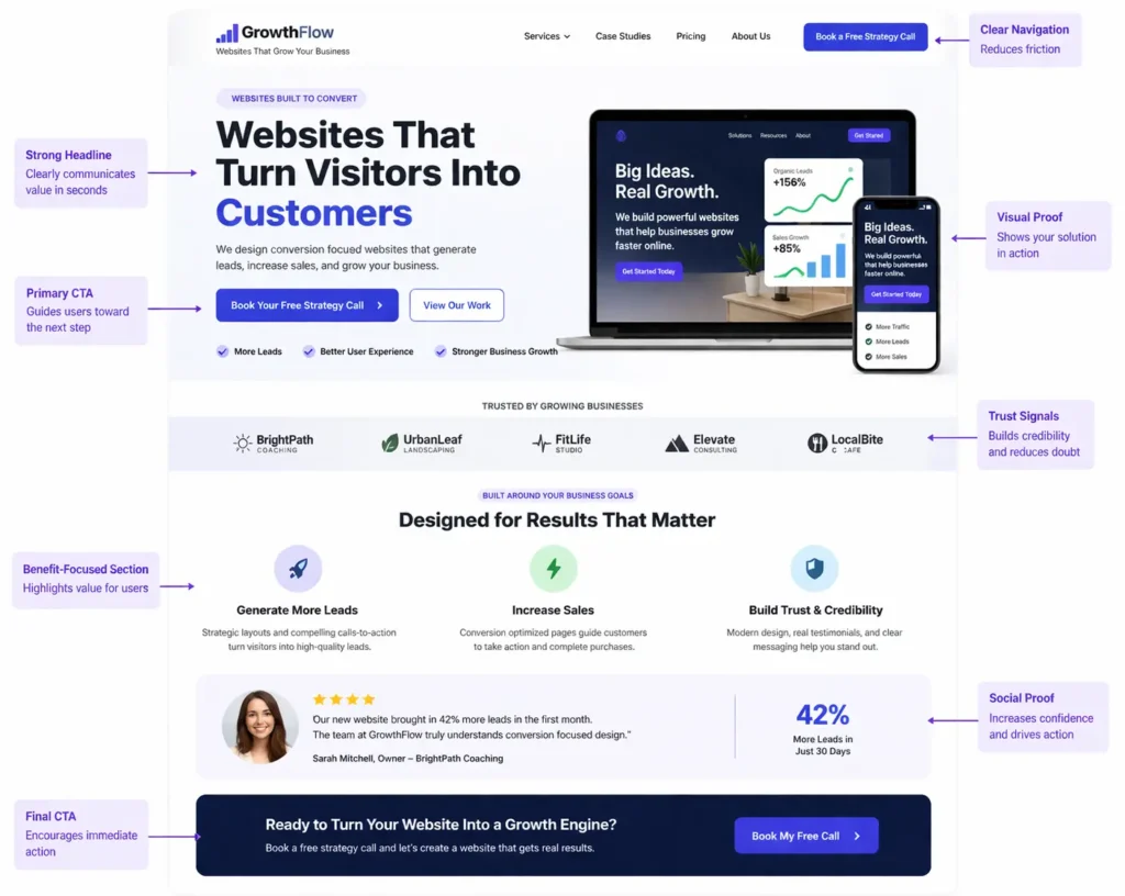 Conversion focused website landing page example with strong CTA, clear value proposition, social proof, and optimized layout for higher conversions