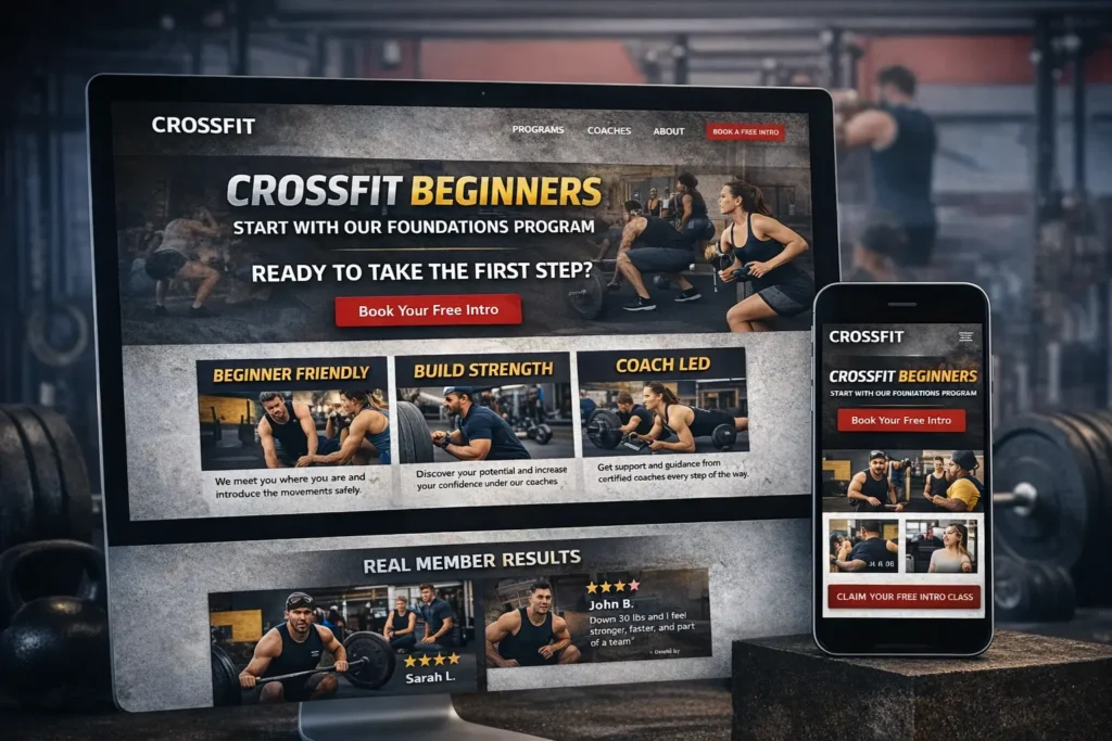 CrossFit gym website service page mockup for beginners showing CTA buttons, member testimonials, coaching benefits, and a modern crossfit gym website layout on desktop and mobile