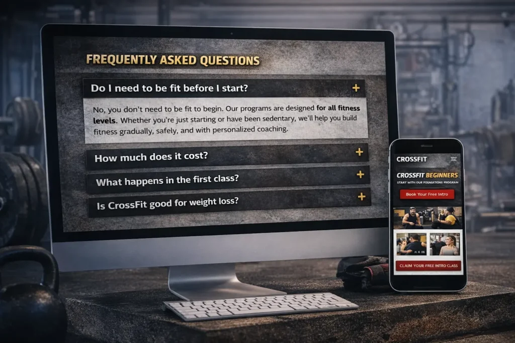 CrossFit gym website FAQ accordion section with structured answers shown on desktop and mobile for a modern crossfit gym website