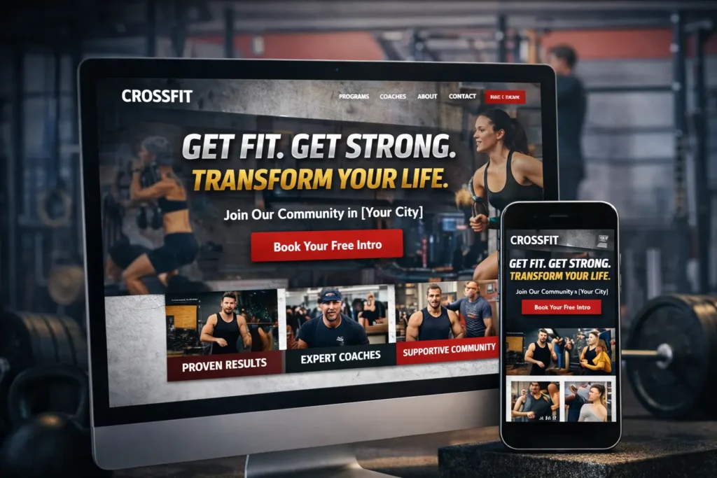 Modern CrossFit gym website displayed on desktop and mobile devices