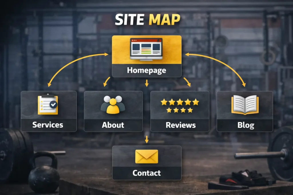 CrossFit gym website site map graphic showing homepage, services, about, reviews, blog, and contact pages in a clear website structure