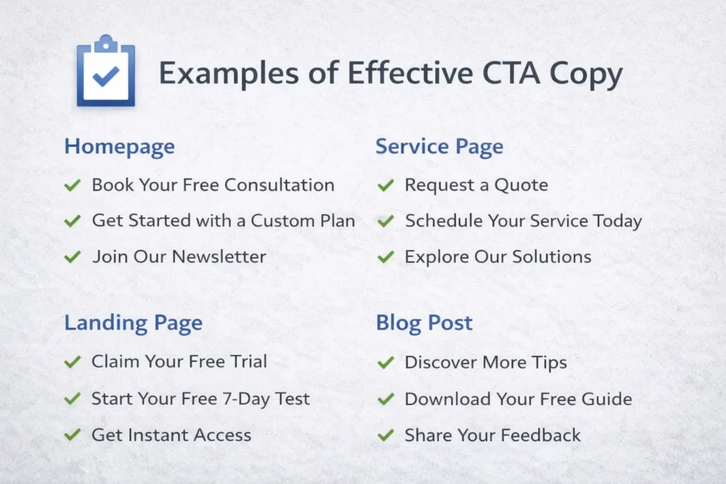 Visual checklist graphic showing CTA copy examples for homepage, service page, landing page, and blog post to improve website conversions