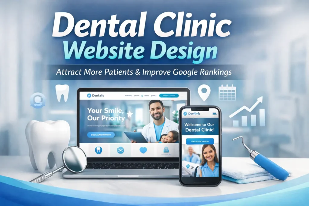 Dental clinic website design featured image showing a modern dental website on desktop and mobile to attract more patients and improve Google rankings