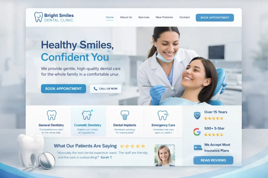 Dental clinic website design homepage mockup showing hero section, call to action button, services, and trust badges
