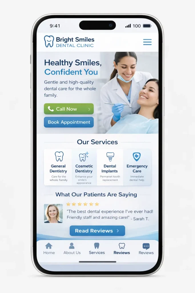 Mobile-first dental clinic website design showing click-to-call button and online booking for easy patient appointments