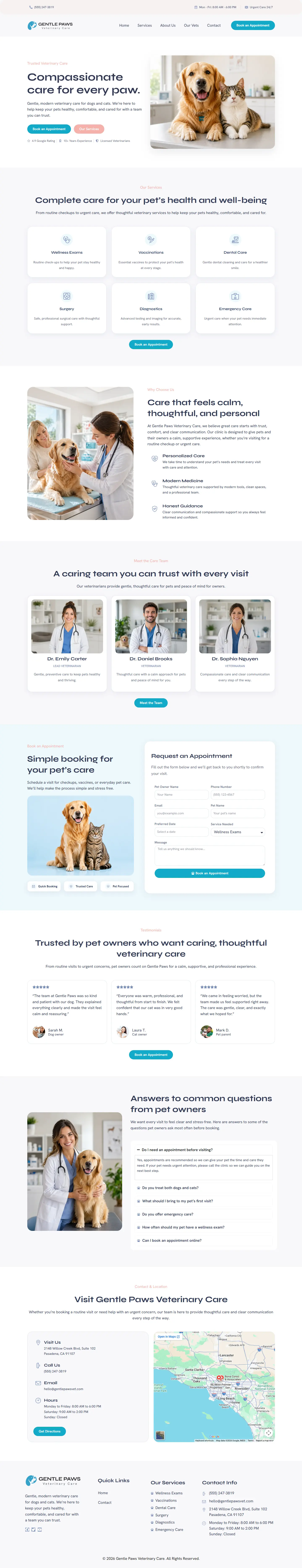 Full Gentle Paws Veterinary Care homepage design