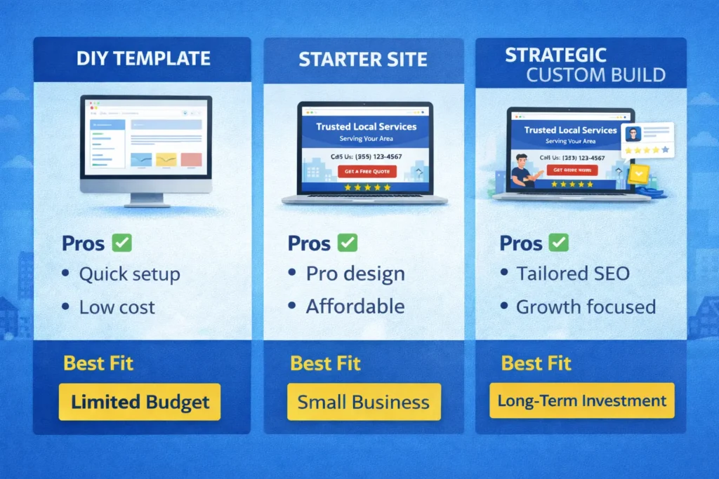 Comparison graphic showing DIY template, starter site, and strategic custom build options with pros and best-fit labels for service business websites