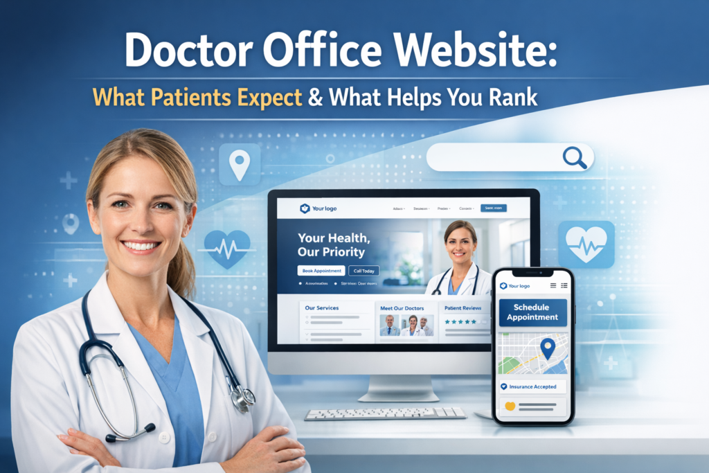 Female doctor standing beside desktop and mobile mockups of a doctor office website with appointment booking, services, and patient trust elements