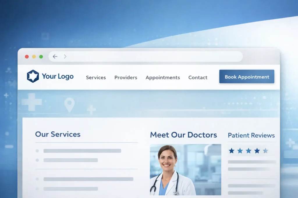 Screenshot mockup of a doctor office website navigation with menu links for services, providers, appointments, contact, and a book appointment button