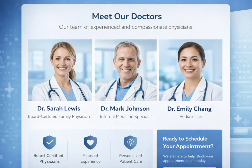 Doctor office website provider bio section showing a trusted medical team, physician credentials, specialties, and a clear appointment booking call to action