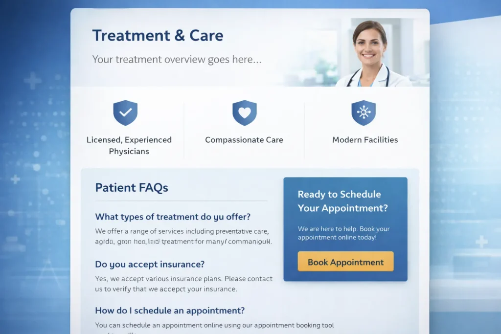 Doctor office website service page layout mockup showing treatment overview, trust badges, patient FAQ section, and a book appointment call to action