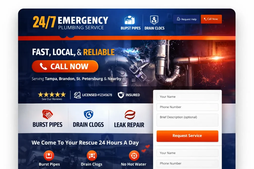 Emergency plumbing website hero mockup with bold call button, trust badges, emergency headline, and service request form