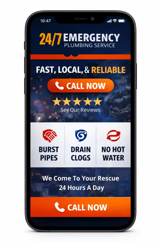 Mobile homepage section for an emergency plumbing website with sticky call button, review stars, and emergency service cards