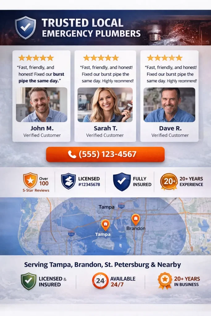 Testimonial and trust section for an emergency plumbing website with review cards, badge icons, and service area map