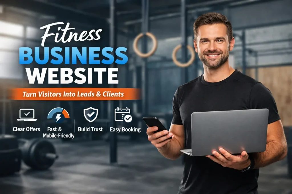 Fitness business website design shown with a gym owner holding a laptop and phone in a modern fitness studio
