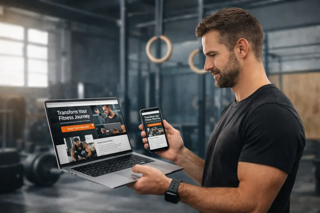 Fitness business website hero image showing a modern gym owner reviewing a fitness business website on a laptop and phone