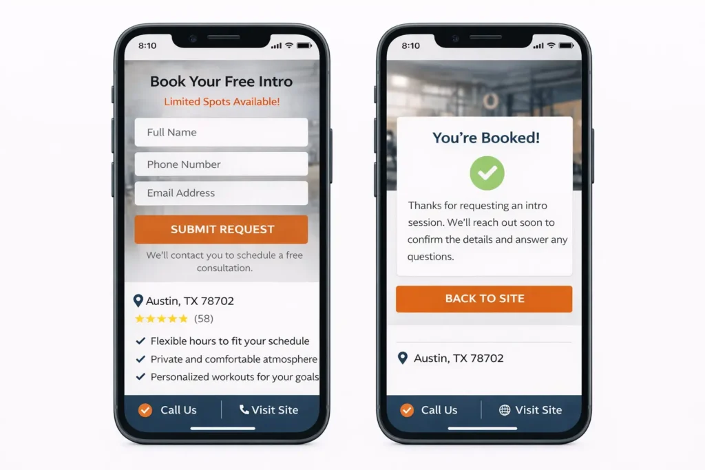 Fitness business website mobile booking flow showing a free intro form and confirmation screen on smartphones
