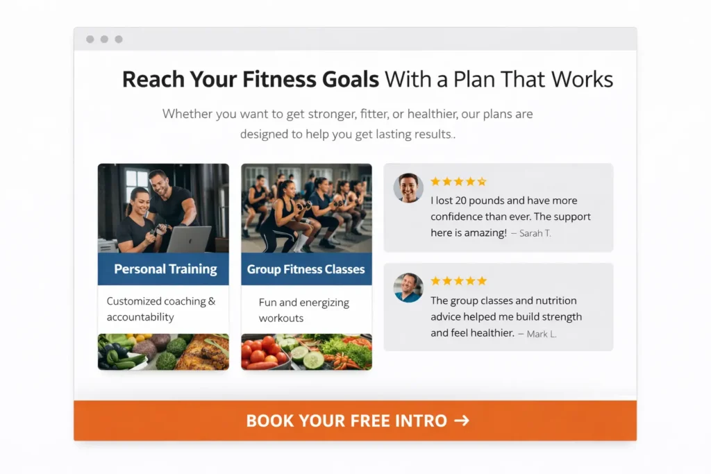 Fitness business website section mockup with headline, testimonials, service cards, and sticky CTA button