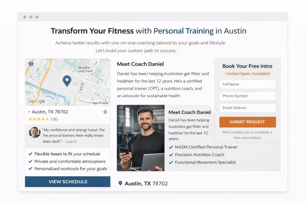 Fitness business website service page example with local map, review snippet, coach bio, and booking form