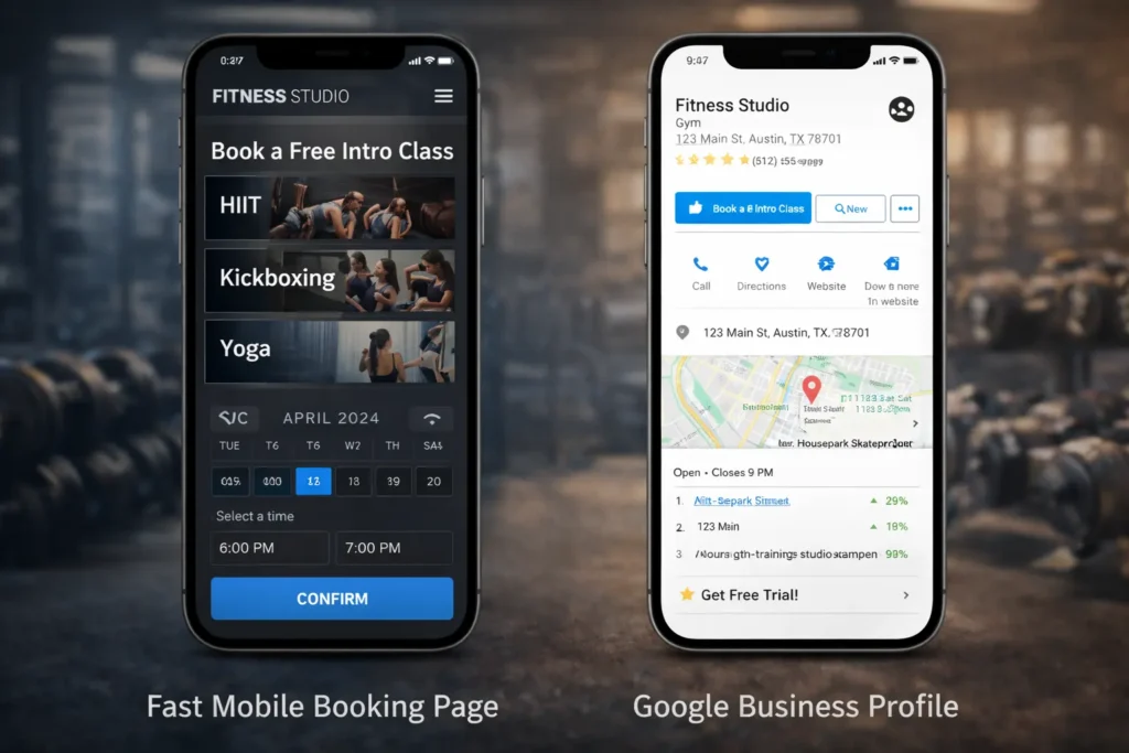 Side-by-side view of a fast mobile booking page and Google Business Profile for a fitness studio website, showing booking flow, local details, and search visibility.
