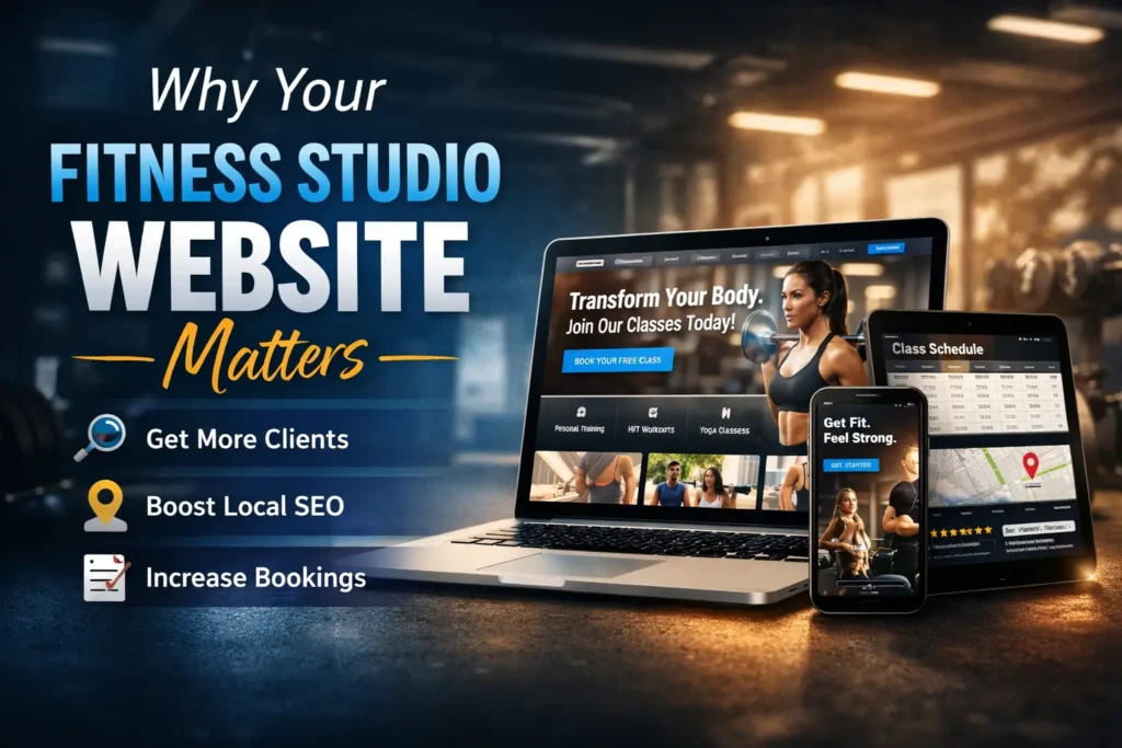 Featured image showing a fitness studio website displayed on a laptop, tablet, and phone, highlighting client growth, local SEO, and online bookings.