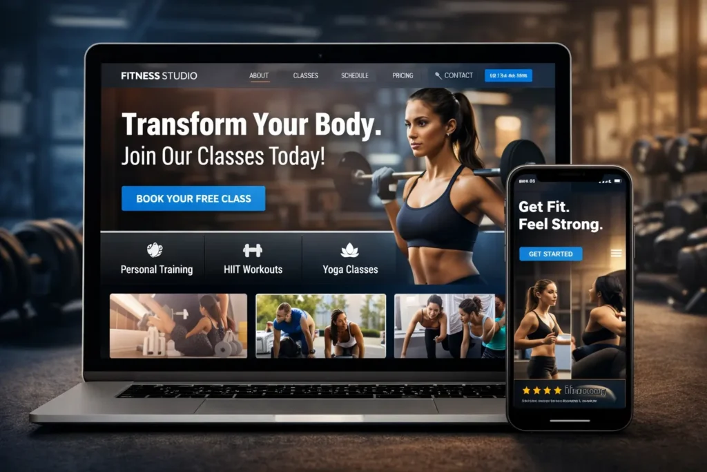 Fitness studio website hero image showing a modern boutique fitness studio website on desktop and mobile with class sections, strong branding, and a clear booking CTA.